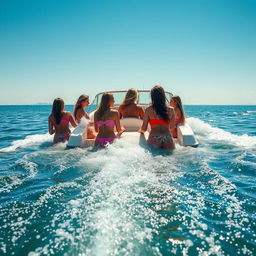 A humorous scene featuring several women in colorful small bikinis swimming in the water behind a speedboat, viewed from behind