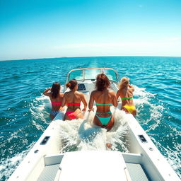 A humorous scene featuring several women in colorful small bikinis swimming in the water behind a speedboat, viewed from behind