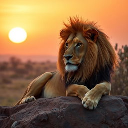 A serene portrait of a majestic lion resting on a rocky outcrop during a golden sunset, with warm orange and pink hues filling the sky