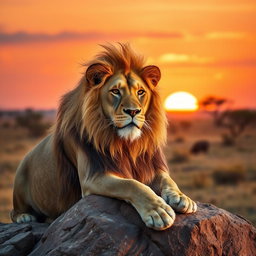 A serene portrait of a majestic lion resting on a rocky outcrop during a golden sunset, with warm orange and pink hues filling the sky