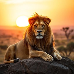 A serene portrait of a majestic lion resting on a rocky outcrop during a golden sunset, with warm orange and pink hues filling the sky