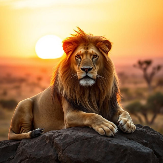 A serene portrait of a majestic lion resting on a rocky outcrop during a golden sunset, with warm orange and pink hues filling the sky