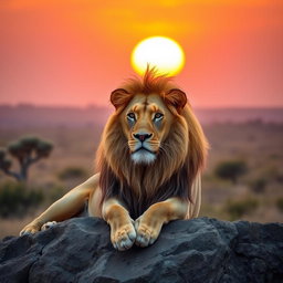 A serene portrait of a majestic lion resting on a rocky outcrop during a golden sunset, with warm orange and pink hues filling the sky
