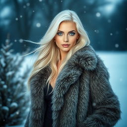 A stunning 25-year-old woman in a snowy landscape, wearing a chic fur jacket that enhances her figure