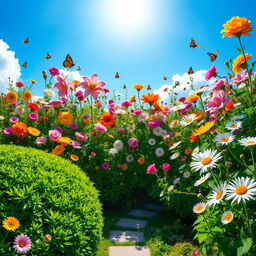 A bright and colorful scene of a vibrant floral garden in full bloom, featuring a variety of flowers such as roses, lilies, and daisies