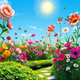 A bright and colorful scene of a vibrant floral garden in full bloom, featuring a variety of flowers such as roses, lilies, and daisies