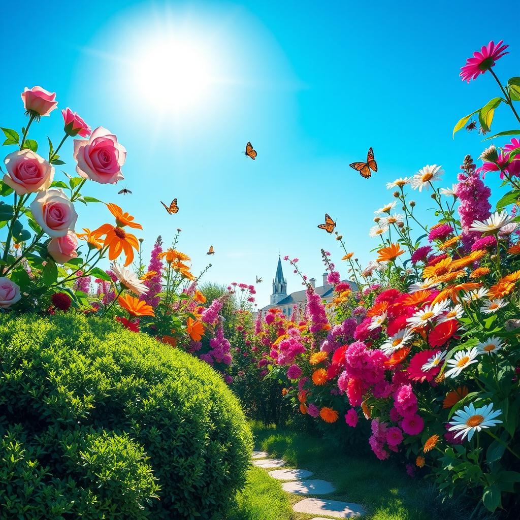 A bright and colorful scene of a vibrant floral garden in full bloom, featuring a variety of flowers such as roses, lilies, and daisies