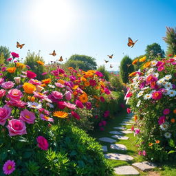 A bright and colorful scene of a vibrant floral garden in full bloom, featuring a variety of flowers such as roses, lilies, and daisies