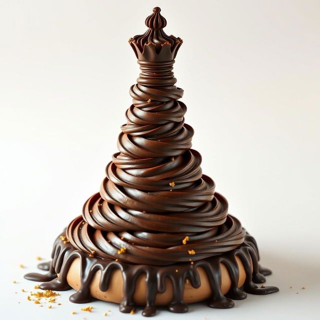 A whimsical chess tower created from chocolate frosting, intricately designed to resemble a classic chess piece