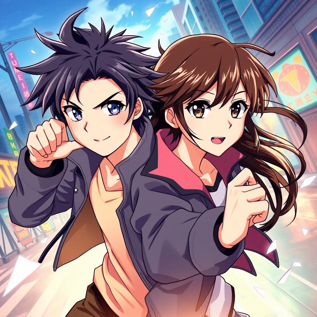 A vibrant and dynamic illustration featuring the two main characters from the anime 'Link Click'