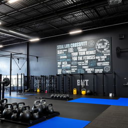 A CrossFit gym designed with a striking color palette of dark gray, black, and royal blue