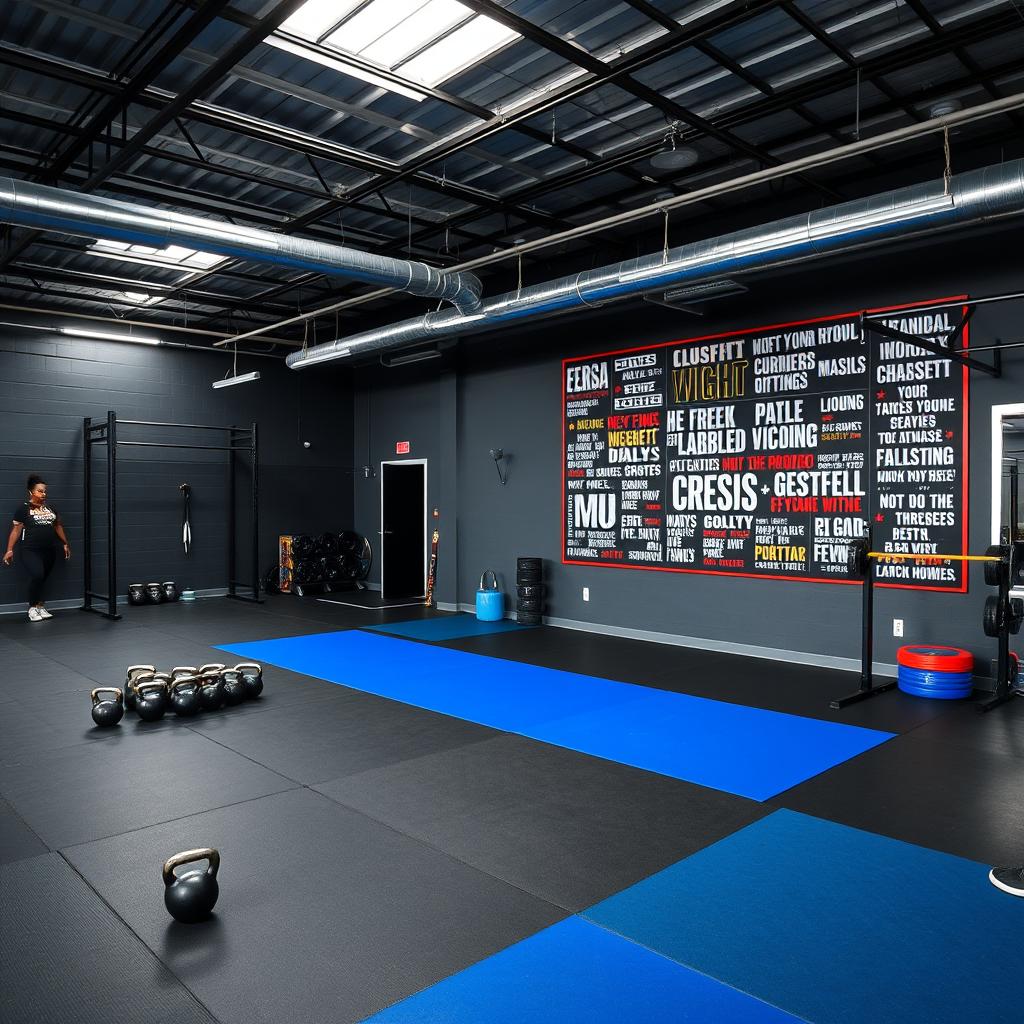 A CrossFit gym designed with a striking color palette of dark gray, black, and royal blue