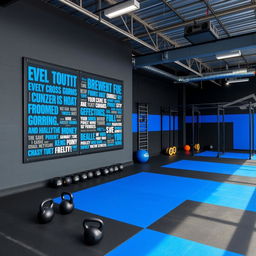 A CrossFit gym designed with a striking color palette of dark gray, black, and royal blue