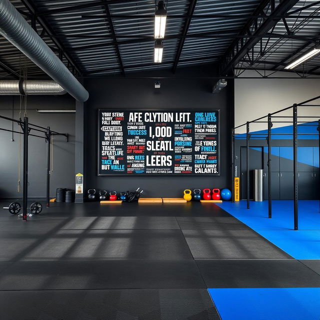 A CrossFit gym designed with a striking color palette of dark gray, black, and royal blue