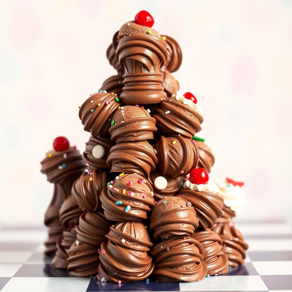 A whimsical chess tower made entirely of chocolate ice cream scoops, stacked high to resemble a classic chess piece