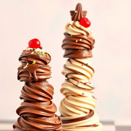 A whimsical chess tower made entirely of chocolate ice cream scoops, stacked high to resemble a classic chess piece
