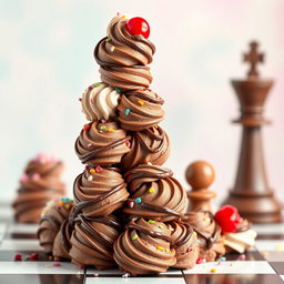 A whimsical chess tower made entirely of chocolate ice cream scoops, stacked high to resemble a classic chess piece
