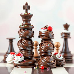 A whimsical chess tower made entirely of chocolate ice cream scoops, stacked high to resemble a classic chess piece