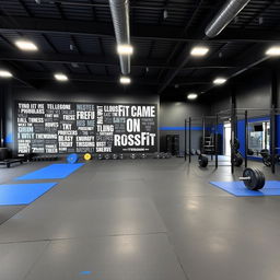 A CrossFit gym featuring a bold color palette of dark gray, black, and royal blue