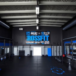 A CrossFit gym featuring a bold color palette of dark gray, black, and royal blue