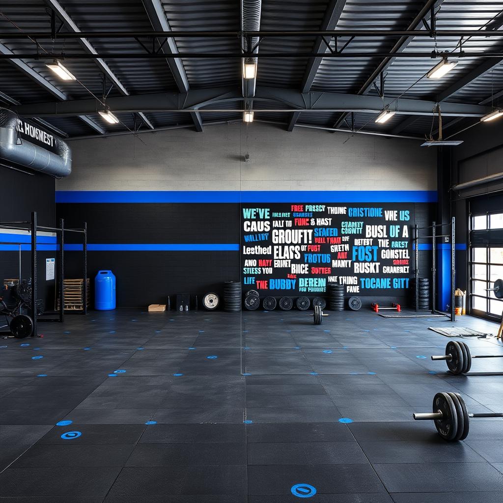 A CrossFit gym featuring a bold color palette of dark gray, black, and royal blue
