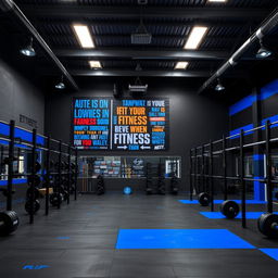 A CrossFit gym featuring a bold color palette of dark gray, black, and royal blue