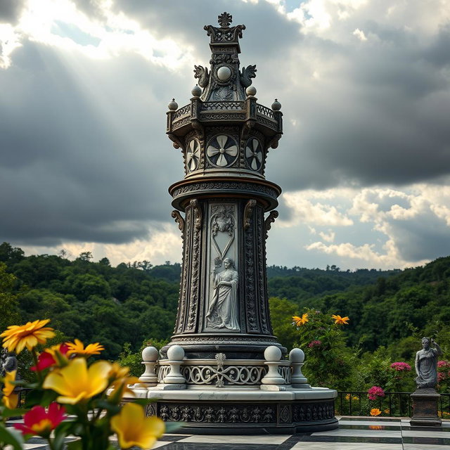 A beautifully detailed chess tower, intricately designed with ornate carvings and embellishments