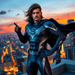 A superhero named Alejo Igoa, standing confidently on a rooftop overlooking a bustling city at dusk