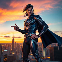A superhero named Alejo Igoa, standing confidently on a rooftop overlooking a bustling city at dusk