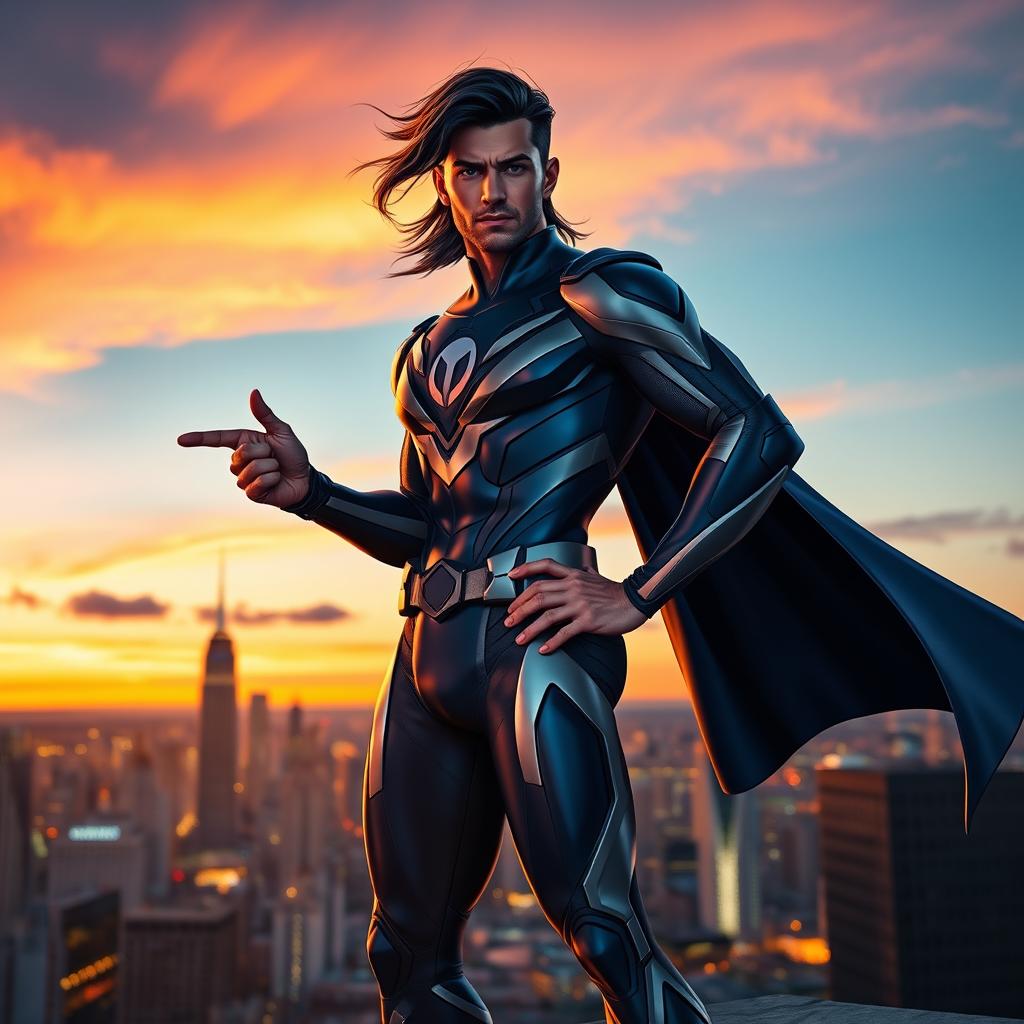 A superhero named Alejo Igoa, standing confidently on a rooftop overlooking a bustling city at dusk