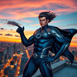 A superhero named Alejo Igoa, standing confidently on a rooftop overlooking a bustling city at dusk