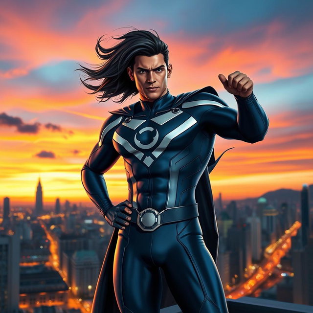 A superhero named Alejo Igoa, standing confidently on a rooftop overlooking a bustling city at dusk