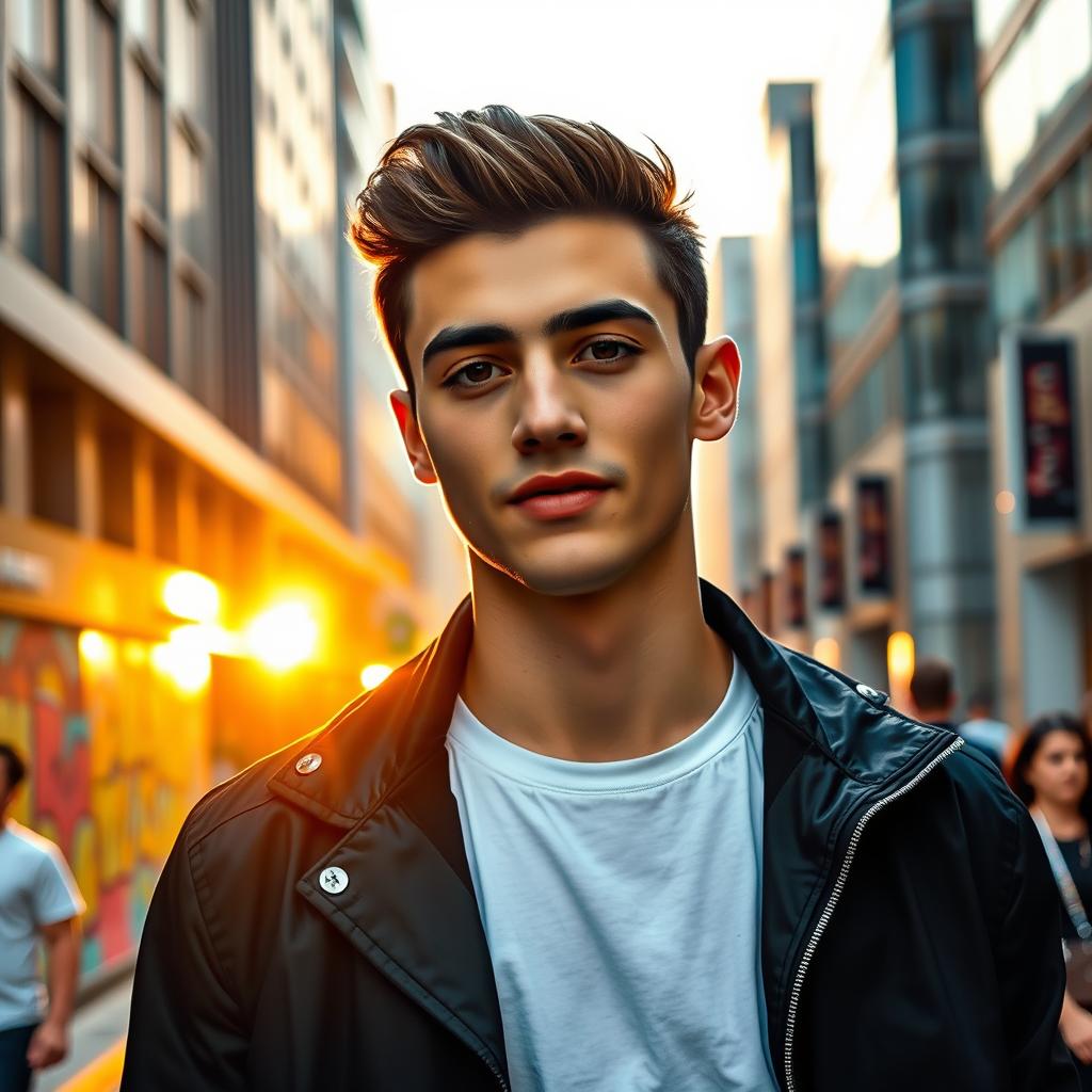 a portrait of a young man named Alejo Igoa, with short, dark hair and deep brown eyes, wearing a stylish black jacket over a white t-shirt