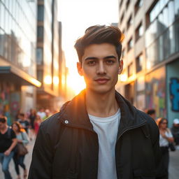 a portrait of a young man named Alejo Igoa, with short, dark hair and deep brown eyes, wearing a stylish black jacket over a white t-shirt