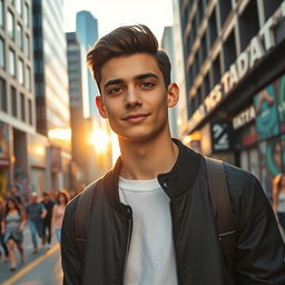 a portrait of a young man named Alejo Igoa, with short, dark hair and deep brown eyes, wearing a stylish black jacket over a white t-shirt