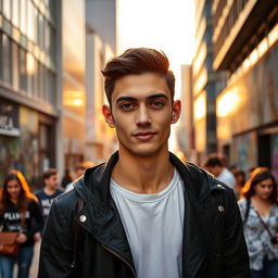 a portrait of a young man named Alejo Igoa, with short, dark hair and deep brown eyes, wearing a stylish black jacket over a white t-shirt