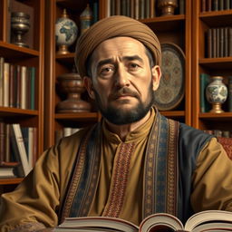 A typical Uzbek man depicted as highly intelligent, wearing traditional Uzbek clothing such as a chapan or a doppa
