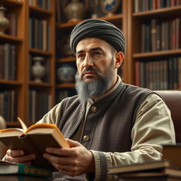 A typical Uzbek man depicted as highly intelligent, wearing traditional Uzbek clothing such as a chapan or a doppa