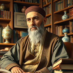 A typical Uzbek man depicted as highly intelligent, wearing traditional Uzbek clothing such as a chapan or a doppa