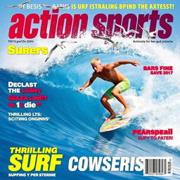 A dynamic scene of a surfer expertly riding a massive blue ocean wave, showcasing exhilarating action and skill