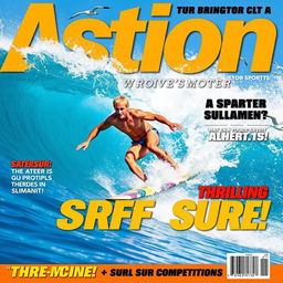 A dynamic scene of a surfer expertly riding a massive blue ocean wave, showcasing exhilarating action and skill