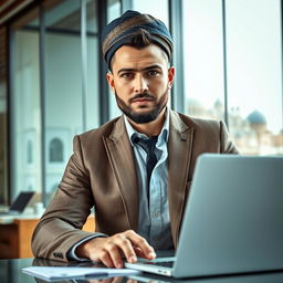 A modern Uzbek man portraying high intelligence, dressed in contemporary yet stylish clothing, combining traditional elements like a doppa with a modern suit