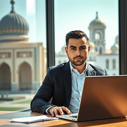 A modern Uzbek man portraying high intelligence, dressed in contemporary yet stylish clothing, combining traditional elements like a doppa with a modern suit