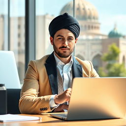 A modern Uzbek man portraying high intelligence, dressed in contemporary yet stylish clothing, combining traditional elements like a doppa with a modern suit