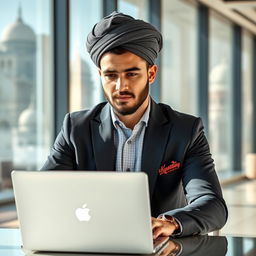 A modern Uzbek man portraying high intelligence, dressed in contemporary yet stylish clothing, combining traditional elements like a doppa with a modern suit