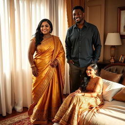 A curvy Indian woman dressed in a stunning golden salwar suit, richly embroidered with intricate patterns, standing elegantly next to a tall black man who is casually dressed, both smiling and displaying a warm connection