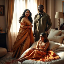 A curvy Indian woman dressed in a stunning golden salwar suit, richly embroidered with intricate patterns, standing elegantly next to a tall black man who is casually dressed, both smiling and displaying a warm connection