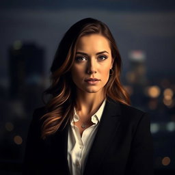 A moody professional portrait of a woman standing against a softly blurred cityscape at dusk