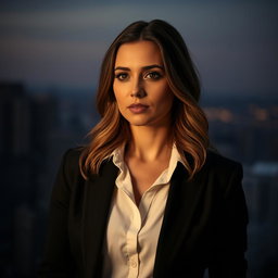A moody professional portrait of a woman standing against a softly blurred cityscape at dusk