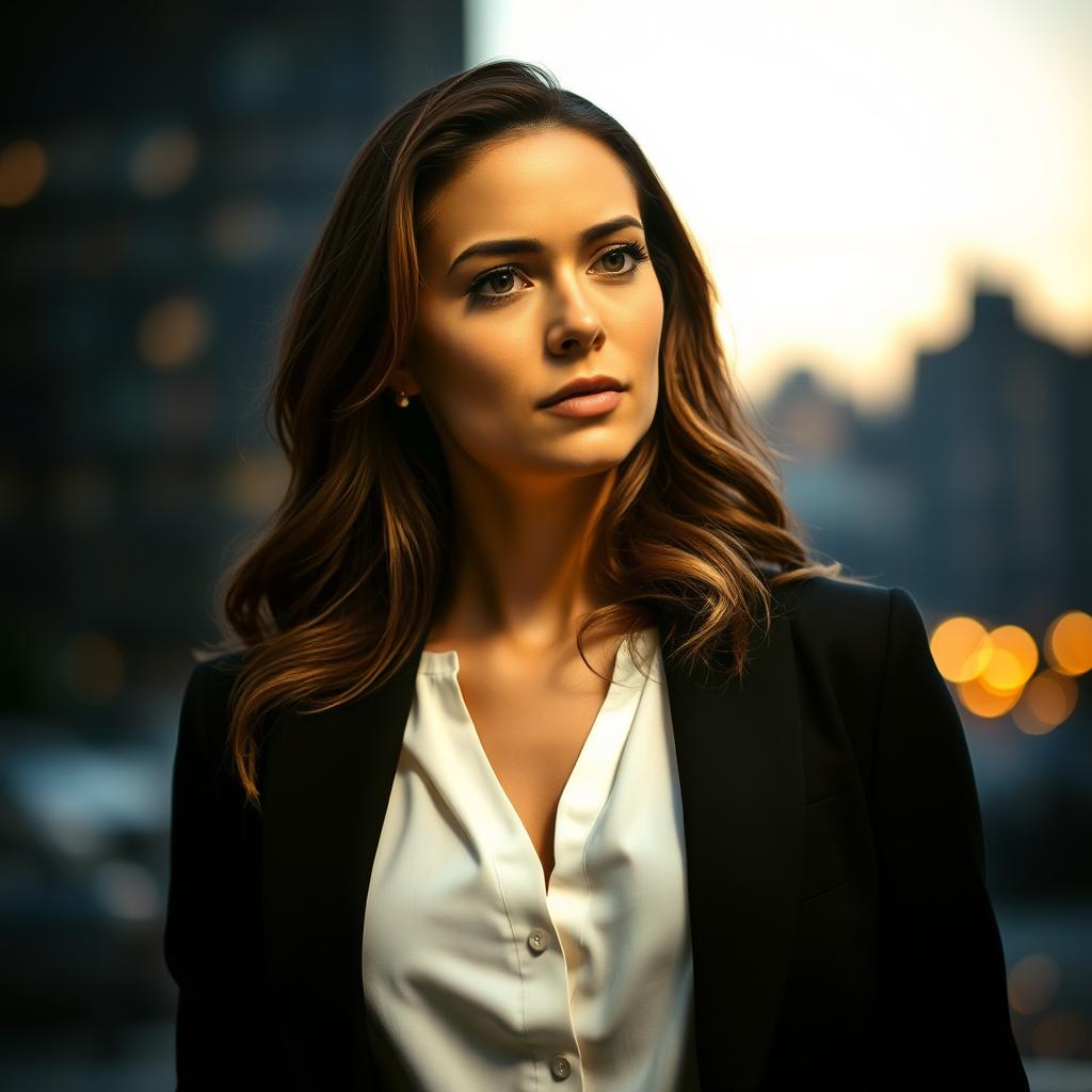 A moody professional portrait of a woman standing against a softly blurred cityscape at dusk